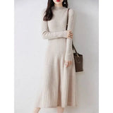 Amozae-High-end Knit Dress Women's Slimming Smooths Your Silhouette A- line Long Half Polo/turtle Neck Base Sweater Dress Autumn/winter