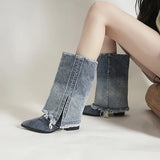 Amozae-Denim Women Western Cowgirl Boots Fashion Slip On Square High Heel Shoes Autumn Winter Women's Knight Booties