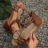 Amozae-Ankle Strap Braided Roman Sandals for Women 2025 Summer Shiny Crystal Flat Sandals Woman Comfortable Soft Non Slip Beach Shoes