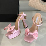 Amozae-2024 New Brand Super High Heels Sexy Sandals Fashion Pink Silk Bowknot Square Open Toe Chunky Platform Shoes Women Pumps