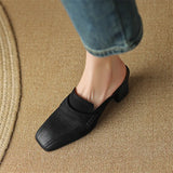 Amozae- Summer Women Shoes Genuine Leather Shoes Women Simple Retro Women Slippers Chunky Heel Shoes Square Toe Slippers Mules