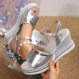 Amozae-Fashion Silver Wedge Heels Sandals for Women Summer 2025 Chunky Platform Beach Sandals Woman Ankle Strap Thick Sole Sandalias