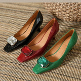 Amozae-Luxury Rhinestones Pumps Low Heel Sexy High Heels Lady Elegant Office Women Shoe Greens Square Toe Patent Leather Stiletto Heels