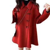 Amozae-Thickened Winter Woolen Coat  Early Spring Women's Long Red Coat With Horn Buttons Fashionable Women's Outerwear