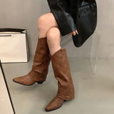 Amozae-Autumn Winter Women Knee-High Boots Fashion Rivet Western Knight Booties Pointed Toe Square Heels Female Shoes