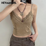 Amozae Lace V-Neck Camisoles Summer Women Retro Sexy Cropped Tanks Y2K Aesthetic Sleeveless Khaki Cute Skinny Vest Tee 2000s