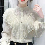 Amozae-2024 Spring Autumn New French Style Vintage Shirt Women's Design Sensibility Niche Versatile Ruffle Edge Chiffon Lace Top