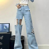 Amozae-Jeans Hollow Dopamine High Waist Subculture Design Straight Pants Women'S Early Autumn New Workwear Long Pants