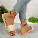 Amozae-Fashion Braided Summer Slippers for Women Plus Size Solid Color Woven Flat Sandals Woman Lightweight Non Slip Beach Flip Flops