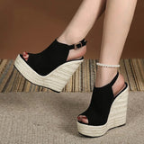 Amozae Size 34-42 Black Women Platform Wedge Sandals Summer Fashion Peep Toe Buckle Strap High Heels Ladies Shoes Sandalias Mujer