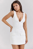 Amozae 2024 Summer Vacation All White V Neck Fake Pockets Mini Dress For Women Holiday Elegant Sleeveless Short Dresses Lady Streetwear