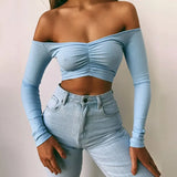 Amozae-Sexy Off Shoulder Bare Midriff Folds Rib T Shirt Women Long Sleeves Slash Neck Short Tshirt Ladies Tee Shirt Camisetas Mujer