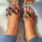 AMOZAE-- Fashionable Flip Flops with Gemstone Rhinestones, Transparent PVC Flats