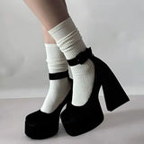 Amozae-Waterproof platform high heels women's round head thick heel new ladies shoes black flocking office high heels