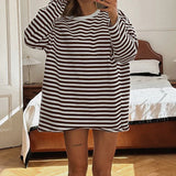 Amozae Vintage Slouchy Fit Long Sleeve Tee Shirt Fashion Street Autumn Casual Striped Brown Pullovers Grunge Style Outfits