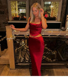 Amozae Wine Christmas Dress Women Satin 2 Piece Dress Set Elegant Bodycon Corset Cropped Top and Long Skirt Women Clothing