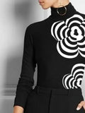 Amozae-Spring Long Sleeves Casual Black Tops Fashion Flower Print High Neck Zipper Skinny T-Shirts For Women 2024 New