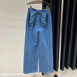 Amozae-Spring and Autumn Blue Back Big Bow Dyed Wide Leg Pants for Sweet Girl Retro Versatile Casual American Micro Horn Trendy Jeans