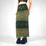 Amozae Fashion Vintage Print Women Long Skirt Aesthetic Graphic Print Green Elegant Y2K Skrit Grunge Style Chic Streetwear