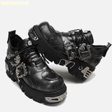 Amozae-Retro Rock Dark Black Punk Leather Shoes 2025 New Platform Metal Stitching Unisex Shoes Low-Top Height-Enhancing Big-Head Shoes
