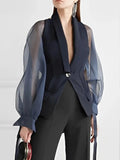 Amozae-Blazer Suits Top for Women Lapel V-neck Puff Sleeve Buttoned Shirt & Blouse for Urban Female Spring and Summer Tops