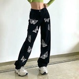 Amozae-Black Butterfly Pattern Jeans Butterfly Pattern Pants Spring Summer Women Youth Casual Sweet Loose Trendy Cool Streetwear