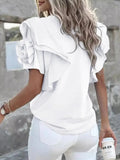 Amozae-Women's Summer T-shirt Solid Color Cotton Blended Shirt Round Neck Short Sleeve Ruffled Loose Fit Shit Top 2024 New