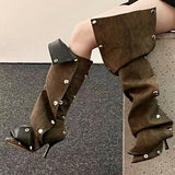 High Heel Long Boots for Women High Botte Winter Boots Shoes for Botas Mujer Thin Heeled Pointed Denim Boots Metal Button Shoes