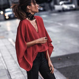 Amozae-Women Fashion Casual Solid Color Deep V-Neck Blouses 2024 New Spring Summer Batwing Sleeves Loose Shirts Tops