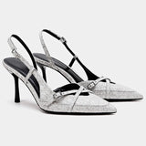 Amozae-Sexy Cowboy High Heels Sandals Women Fashions Belt Buckle Designer Slingback Sandals Office Pointed Toe Denim Muller Pumps Women