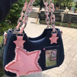 Amozae-Y2K Vintage Shoulder Bag Korean Fashion Underarm Harajuku Star Tote Denim Bag Chain Ladies Bags Zip Purses Handbags Women