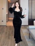 Amozae-Christmas Outfit New Year's Eve Dress party look inspos Women's Black Velvet Mermaid Dress Autumn New Slim Square Collar Lantern Sleeve Party Vestidos Elegant Female Evening Prom Robe