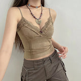 Amozae Lace V-Neck Camisoles Summer Women Retro Sexy Cropped Tanks Y2K Aesthetic Sleeveless Khaki Cute Skinny Vest Tee 2000s