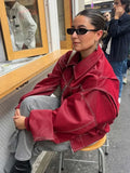 Amozae Women Red Lapel Zipper Leather Cropped Coat Autumn Casual Long Sleeve Jacket 2023 Winter Fashion Office Streetwear