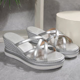 Amozae-Cross Strap Wedge Heel Sandals for Women Summer 2025 Silver Chunky Platform Slippers Woman Anti Slip Thick Sole Slides Plus Size