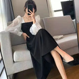 Amozae-2024 Autumn New Elegant Age-reducing Spliced Square Collar Mini Black Dress Vintage Mesh Slimming Dress For Women