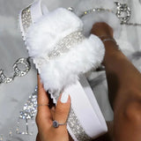 Amozae-Fur Slippers Women 2025 Fashion Summer Fur Slides For Woman Rhinestone Sandals Fluffy Female Shoes Glitter Indoor Diamond Shoes