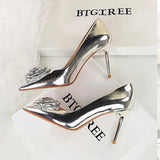 BIGTREE Fashion Patent Leather Flowers Women Pumps Sexy Pointed Toe Metal Decoration Thin Heels Wedding Elegant Party Shoes