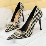 BIGTREE 2024 Spring Women Pumps Pearl Metal Chain High-heels Checked Grain Stilettos Heels Luxury Banquet Shoes 43