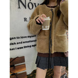 Amozae-Autumn Casual Outfits Amozae-Round Neck Woven Leather Jacket Cow Horn Buckle Women's Fur Coat