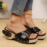 Amozae-2025 New Metal Buckle Wedge Sandals for Women Fashion Rivet Decor Platform Slippers Woman Summer Thick Sole Roman Sandals Ladies
