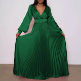 Amozae-Women Sexy Deep V-neck Swing Pleated Long Dress Spring High Waist Tie-up Belted Maxi Dress Autumn Long Sleeve Boho Party Dresses