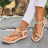 Amozae-Bohemian String Beaded Flat Sandals for Women Summer Fashion Floral Printed Beach Shoes Woman Elastic Band Braided Roman Sandals