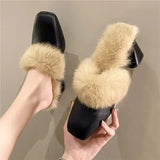 Amozae-Muller Half Slippers Mule Shoes with Fur Thick Heeled Square Head 2023New Autumn Winter Fashion Half Slipper Fur Women Shoes