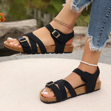 Amozae-Fashion Buckle Strap Flat Sandals for Women Summer 2025 Casual Outdoor Beach Shoes Woman Lightweight Non Slip Black Cork Sandals