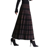 Amozae-Plaidknit Medium-length High-waisted A- line Skirt Autumn/winter Thickened Pleated Dress Long Dress Drape Sense