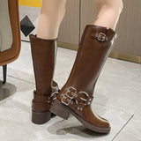 Amozae-Buckle Knee High Boots Woman PU Leahter Motorcycle Boots Woman Brown Mid Length Boots Chunky Retro Punk Western Knights' Boots