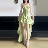 Amozae-Christmas Party Dresses Green French Vintage Elegant Mini Dress Women Solid Fairy Y2k Design Harajuku Strap Dress Female Irregular Chic Clothes Summer