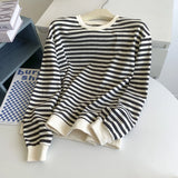 Amozae-Autumn Casual Outfits Amozae-Striped Sweatshirt Round Neck Women's Casual Oversized Hoodie Black And White / Blue And White