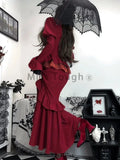 Amozae-new years eve outfits Christmas party outfits Autumn Red Vintage Dress Women Lace French Retro Elegant Evening Party Dress Female Long Sleeve Chic Midi Dress Halloween 2024